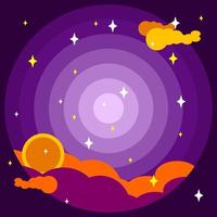 ilustración fantástica del cielo nocturno con estrellas, nubes y luna. morado, naranja, amarillo y blanco. adecuado para decoración, copyspace y fondo vector
