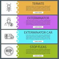 Pest control web banner templates set. Termite, exterminator's car, stop fleas. Website color menu items. Vector headers design concepts