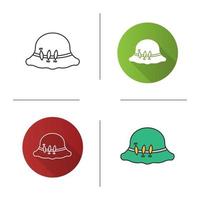 Fisherman's hat with hooks icon. Flat design, linear and color styles. Fishing equipment. Isolated vector illustrations