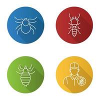 Pest control flat linear long shadow icons set. Mite, termite, louse, exterminator. Vector outline illustration