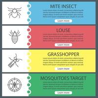 Pest control web banner templates set. Mite, louse, grasshopper, mosquitoes target. Website color menu items. Vector headers design concepts