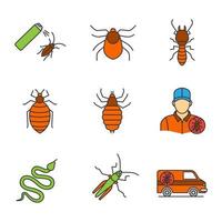 Pest control color icons set. Cockroaches repellent, bed bug, louse, termite, snake, grasshopper, exterminator's car, mite. Isolated vector illustrations