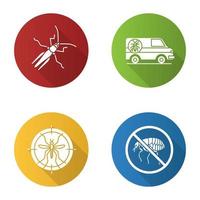 conjunto de iconos de glifo de sombra larga de diseño plano de control de plagas. saltamontes, coche de exterminador, objetivo de mosquitos, detener pulgas. ilustración de silueta vectorial vector