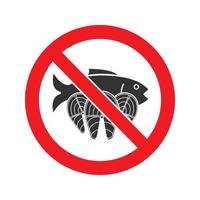 Forbidden sign with salmon fish glyph icon. Stop silhouette symbol. Seafood in prohibition circle. Negative space. Vector isolated illustration