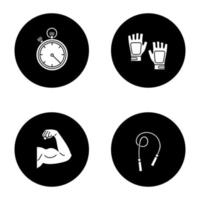 Fitness glyph icons set. Sport equipment. Jump rope, bicep muscle, fingerless gym gloves, stopwatch. Vector white silhouettes illustrations in black circles