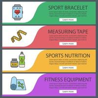 Fitness web banner templates set. Sport equipment. Bracelet, measuring tape, BCAA supplement, training mat. Website color menu items. Vector headers design concepts