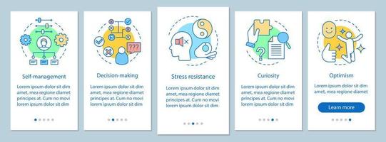 Leader and management skills onboarding mobile app page screen vector template. HR soft qualities. Decision making, curiosity, optimism walkthrough website steps. UX, UI, GUI smartphone interface