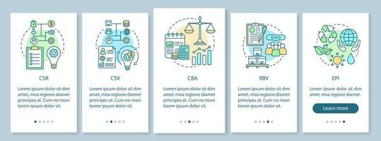 Business concepts onboarding mobile app page screen vector template. CSR. Corporate principles. Business ethics. Walkthrough website steps with linear illustrations. UX, UI, GUI smartphone interface