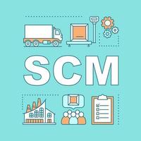 SCM word concepts banner. Manufacturing. Supply chain management. Production process. Distribution and logistics. Consumerism. Isolated lettering typography idea. Vector outline illustration