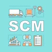 SCM word concepts banner. Manufacturing. Supply chain management. Production process. Distribution and logistics. Consumerism. Isolated lettering typography idea. Vector outline illustration