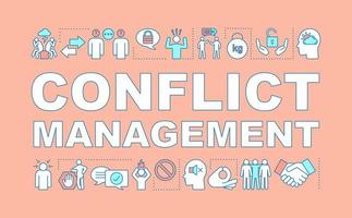 Conflict management word concept banner. Overworking, frustration. Stress overcaming. Calming and relaxing. Anxiety coping. Isolated lettering idea with linear icons. Vector outline illustration