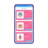 Nail salon smartphone interface vector template. Mobile app page blue design layout. Manicure, pedicure, polish design services screen. Flat UI for application. Beauty procedures list on phone display