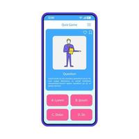 Quiz game app smartphone interface vector template. Mobile page blue design layout. Trivia contest application screen. Flat UI. Online intellectual play. Knowledge test question, answers phone display