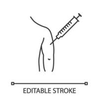 Injection in man's arm linear icon. Thin line illustration. BCG, hepatitis, diphtheria immunization and vaccine. Disease prevention. Contour symbol. Vector isolated outline drawing. Editable stroke