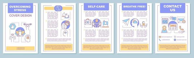 Stress overcoming brochure template layout. Emotions control. Flyer, booklet, leaflet print design with linear illustrations. Mental health. Vector page layouts for magazines, annual reports, posters