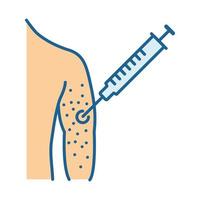 Vaccine allergy color icon. Vaccination injection. Syringe in arm. Drug injecting. Skin rash, irritation. Isolated vector illustration