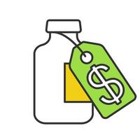 Vaccine price color icon. Medical vial with cost label. Pharmacy. Medications, drugs with dollar tag. Isolated vector illustration