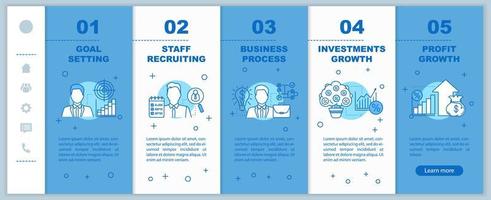Business development onboarding mobile app page screen vector template. Goal setting, staff recruiting, profit growth walkthrough with linear illustrations. UX, UI, GUI smartphone interface concept