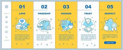 Relationships and feelings onboarding mobile app page screen vector template. Love, friendship, passion walkthrough website steps with linear illustrations. UX, UI, GUI smartphone interface concept