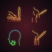 Vaccination and immunization neon light icons set. Glowing signs. Subcutaneous injection, flu shot, sore throat, vaccine allergy. Vector isolated illustrations