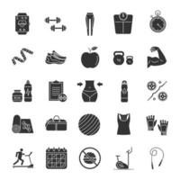 Fitness glyph icons set. Sports equipment. Exercise machines, barbells, dumbbells, clothes. Silhouette symbols. Vector isolated illustration