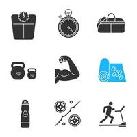 Fitness glyph icons set. Floor scales, stopwatch, sports bag, kettlebells, bicep muscle, yoga carpet, water bottle, barbell, treadmill. Silhouette symbols. Vector isolated illustration