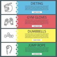 Fitness web banner templates set. Sport equipment. Dieting, gym gloves, dumbbells, jump rope. Website color menu items with linear icons. Vector headers design concepts