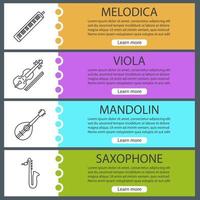 Musical instruments web banner templates set. Melodica, viola, mandolin, saxophone. Website color menu items with linear icons. Vector headers design concepts