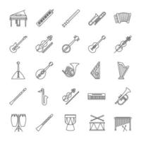 conjunto de iconos lineales de instrumentos musicales. equipo de orquesta. Instrumentos de cuerda, viento, percusión. símbolos de contorno de línea delgada. Ilustraciones de vectores aislados