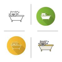 Bathing cat icon. Flat design, linear and color styles. Grooming service. Pets hygiene. Isolated vector illustrations