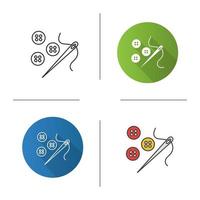 Sewing buttons and needle with thread icon. Flat design, linear and color styles. Isolated vector illustrations