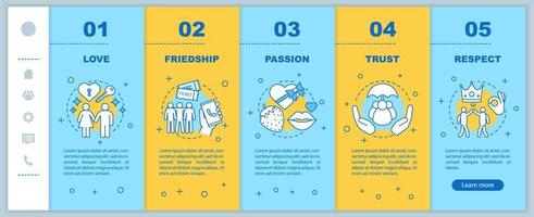 Relationships and feelings onboarding mobile app page screen vector template. Love, friendship, passion walkthrough website steps with linear illustrations. UX, UI, GUI smartphone interface concept
