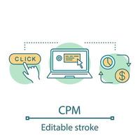 CPM concept icon. Pay per one thousand views, impressions. SMM. Social media marketing. Avertising campaign. Idea thin line illustration. Vector isolated outline drawing. Editable stroke