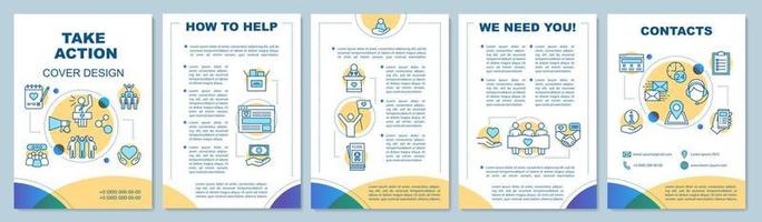 Volunteering activity brochure template layout. Take action. Flyer, booklet, leaflet print design with linear illustrations. Vector page layouts for magazines, annual reports, advertising posters