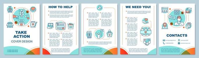 Volunteering activity brochure template layout. Take action. Flyer, booklet, leaflet print design with linear illustrations. Vector page layouts for magazines, annual reports, advertising posters