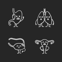 Conjunto de iconos de tiza de personajes de órganos internos humanos tristes. estómago infeliz, pulmones, ovario, útero. sistemas digestivos, respiratorios y reproductores femeninos poco saludables. Ilustraciones de vector pizarra