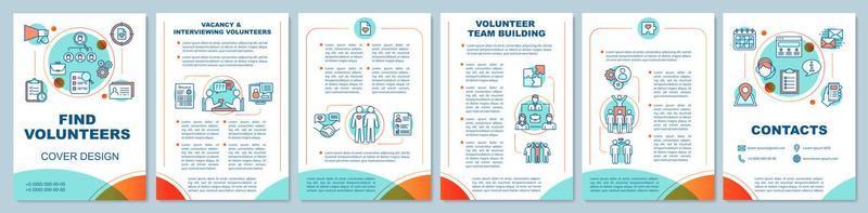 Volunteers finding brochure template layout. Volunteering team. Flyer, booklet, leaflet print design with linear illustrations. Vector page layouts for magazines, annual reports, advertising posters