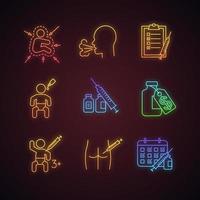 Vaccination and immunization neon light icons set. Glowing signs. Kid's immune system, coughing, vaccination list and calendar, vaccine price, intramuscular injection. Vector isolated illustrations