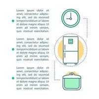 Food storage article page vector template. Kitchen. Cooking. Meal preparation. Brochure, magazine, booklet design element with icons and text boxes. Print design. Concept illustrations with text space