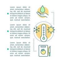 Food safety article page template. Brochure, magazine, booklet design with icons, text boxes. Food processing, handling. Cooking, meal preparation. Print design. Concept illustrations with text space vector