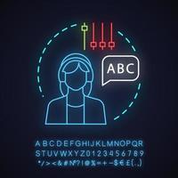 Language courses neon light concept icon. Listening idea. Audio books. Foreign language learning. Glowing sign with alphabet, numbers and symbols. Vector isolated illustration