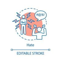 Hate concept icon. Aggression idea thin line illustration. Relationship conflict. Dislike. Annoyed behavior. Hatred person. Angry scream emotion. Vector isolated outline drawing. Editable stroke