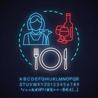 Hotel services neon light concept icon. Hostel idea. Cleaning and food service. Maid, wine, table knife, fork and plate. Glowing sign with alphabet, numbers and symbols. Vector isolated illustration