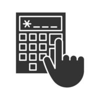 Calculator glyph icon. Silhouette symbol. Accountant's or bookkeeper's hand. Calculations. Negative space. Vector isolated illustration