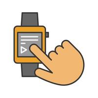 Smartwatch color icon. Digital wristwatch. Hand installing smart watch app. Isolated vector illustration