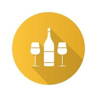 Wine and two glasses flat design long shadow glyph icon. Champagne. Vector silhouette illustration