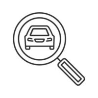 Magnifying glass with car linear icon. Thin line illustration. Automobile searching. Contour symbol. Vector isolated outline drawing