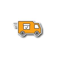 Delivery van with checkmark patch. Color sticker. Fast shipping. Freight transport. Vector isolated illustration