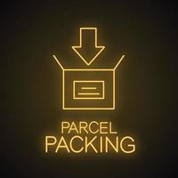 Parcel packing neon light icon. Open box with down arrow. Downloading glowing sign. Vector isolated illustration