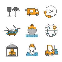 Cargo shipping color icons set. Delivery service. Fragile, delivery van, hotline, helicopter, cargo vessel, route map, warehouse, call center operator, parcel in hand. Isolated vector illustrations
